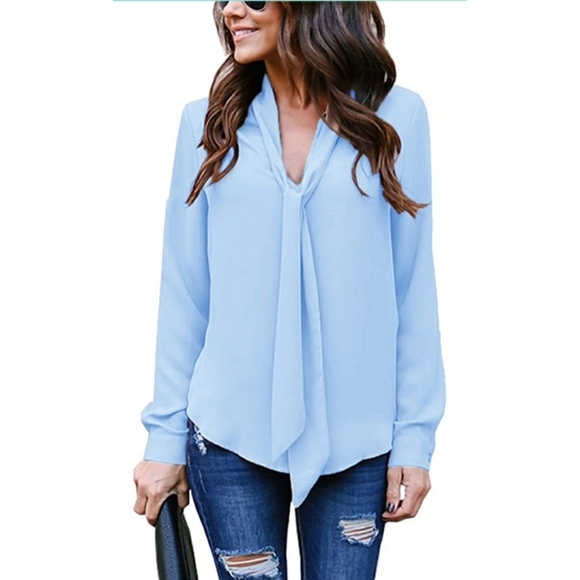Cuffed Long Sleeve Casual V Neck Chiffon Blouse - Picture 3 of 5